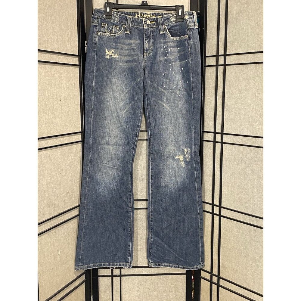 Hippie Jeans Flare Sequin Embellished Distressed Sz 28 100% Cotton Mid Rise